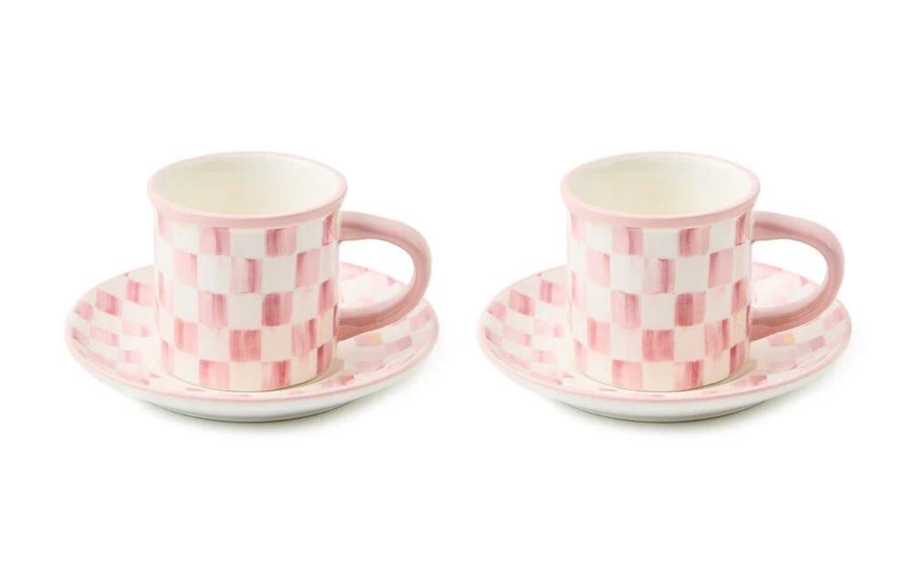 MacKenzie-Childs Rosy Check Espresso Cup & Saucer Set of 2 in Original Box NEW